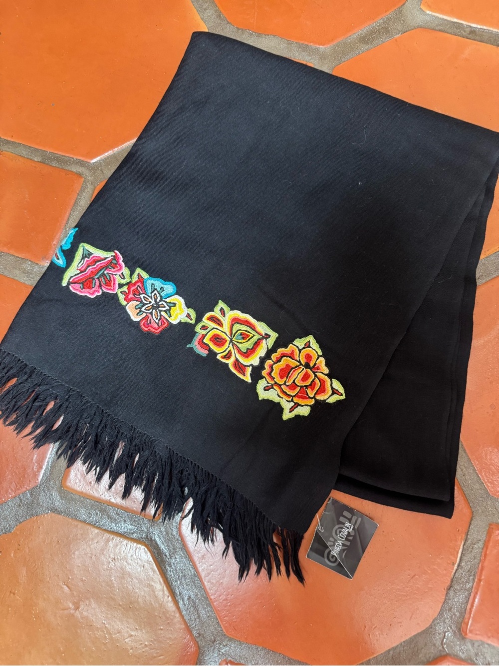 NWT Black Floral Embroidered Fringe Scarf Shawl Pineda Covalin